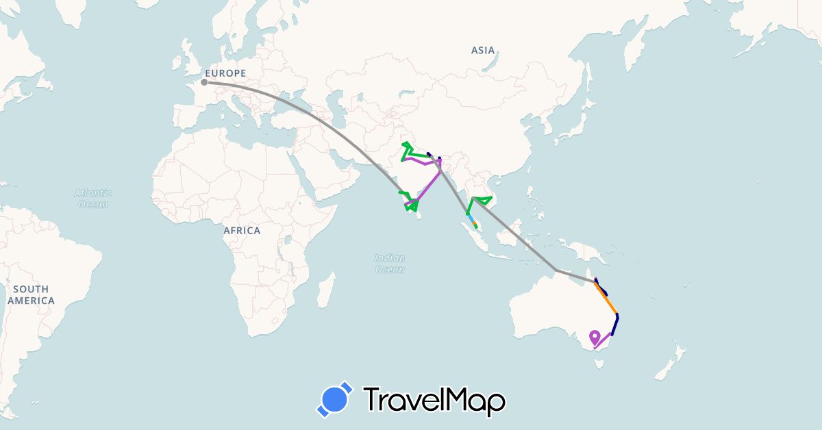TravelMap itinerary: driving, bus, plane, cycling, train, hiking, boat, hitchhiking in Australia, France, India, Cambodia, Malaysia, Nepal, Thailand (Asia, Europe, Oceania)